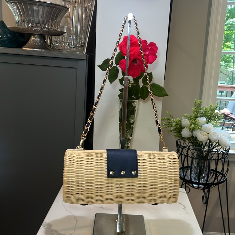 Tommy Bahama Woven Straw Shoulder Clutch Bag in Natural with Navy Trim - Picture 7 of 12
